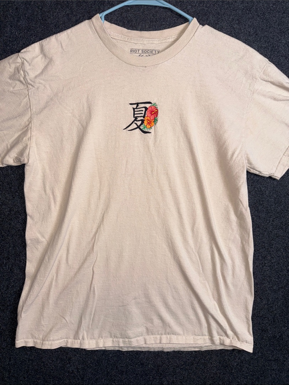riot society Cream Tee with Embroidered Floral Kanji